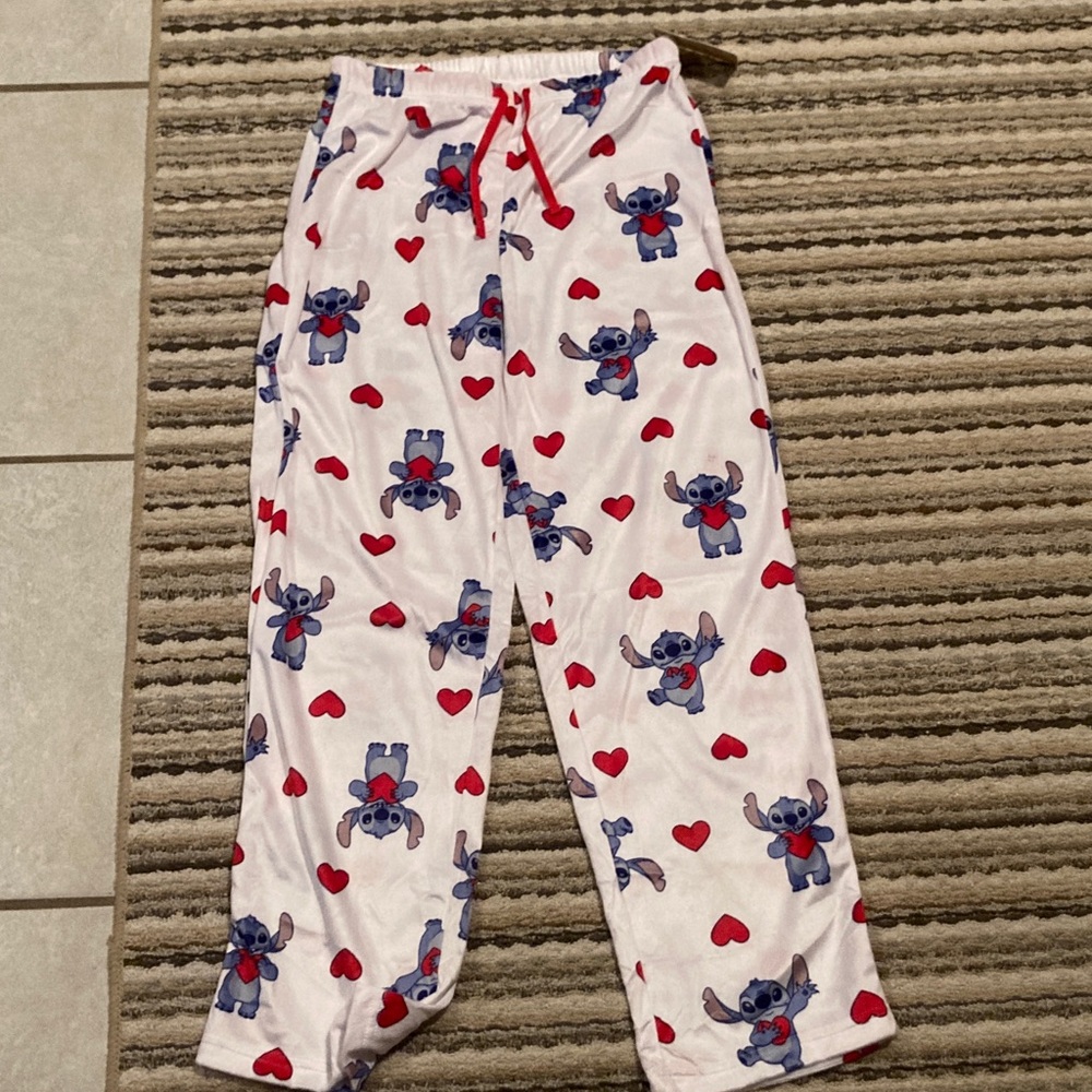 Disney White and Red Pajama Bottoms with Blue Stitch Print